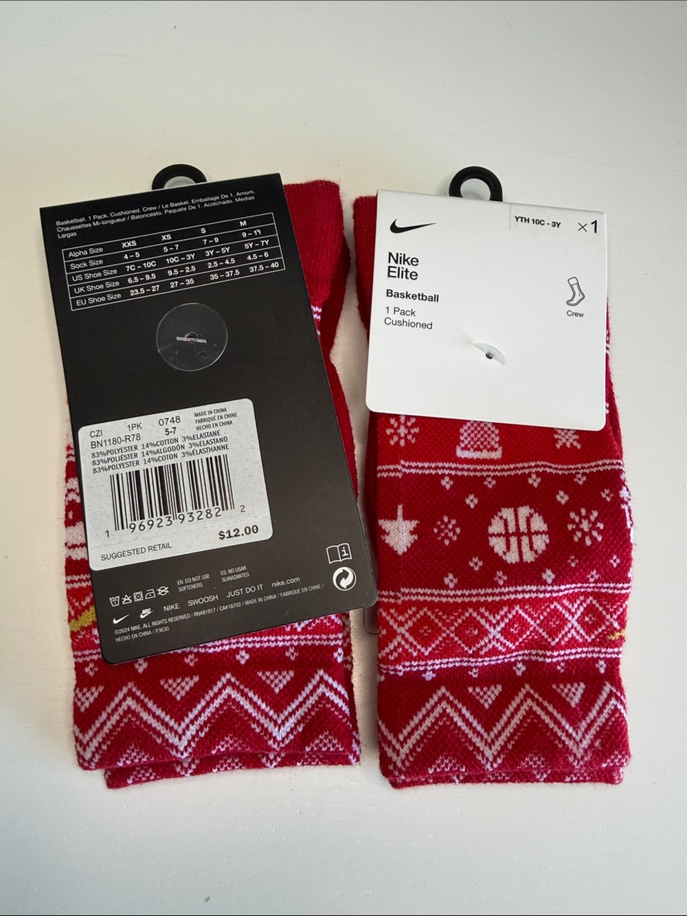 Nike Red and White Fair Isle Basketball Crew Socks 2 Pairs!